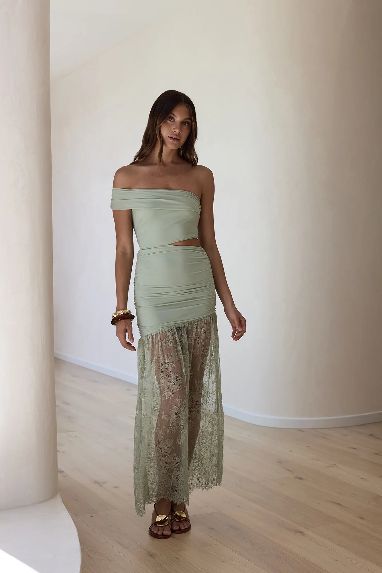 Blossoming Hearts Off Shoulder Lace Maxi Dress Sage