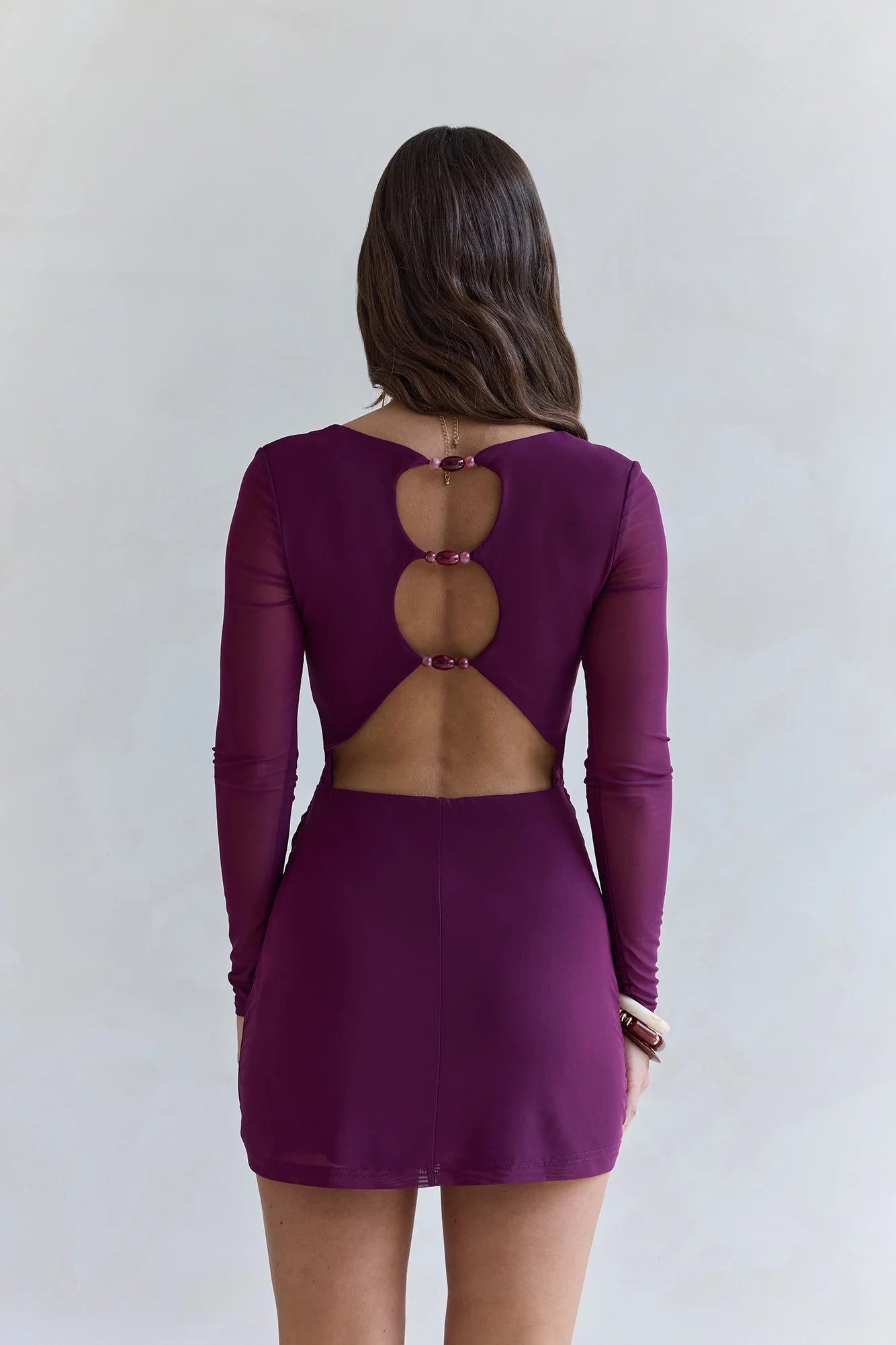 Glowing Nights Long Sleeve Mesh Mini Dress Plum