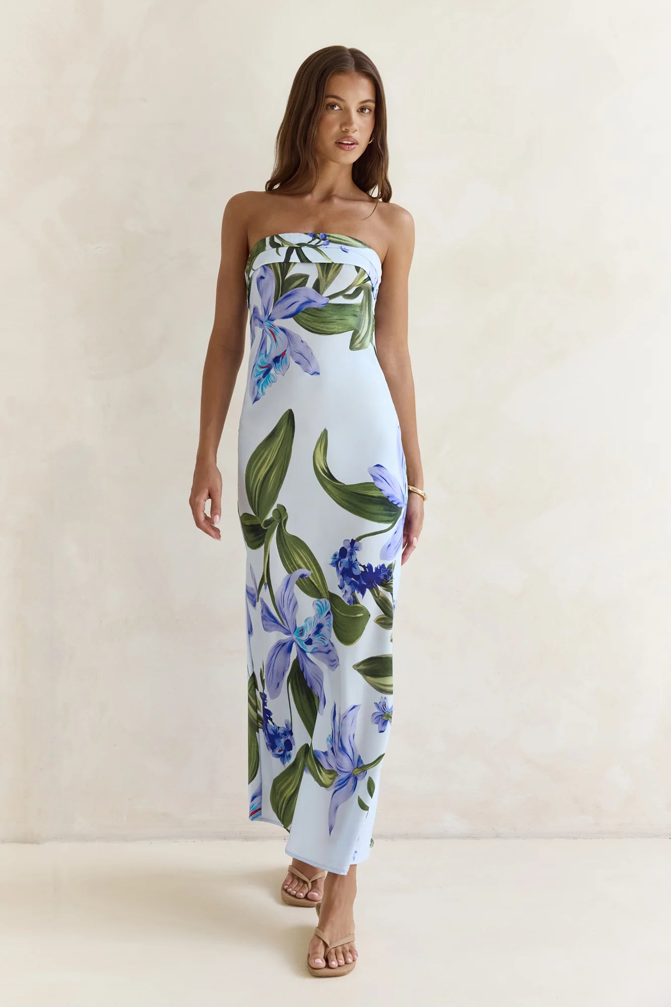 Bells Of Spring Satin Strapless Maxi Dress Blue