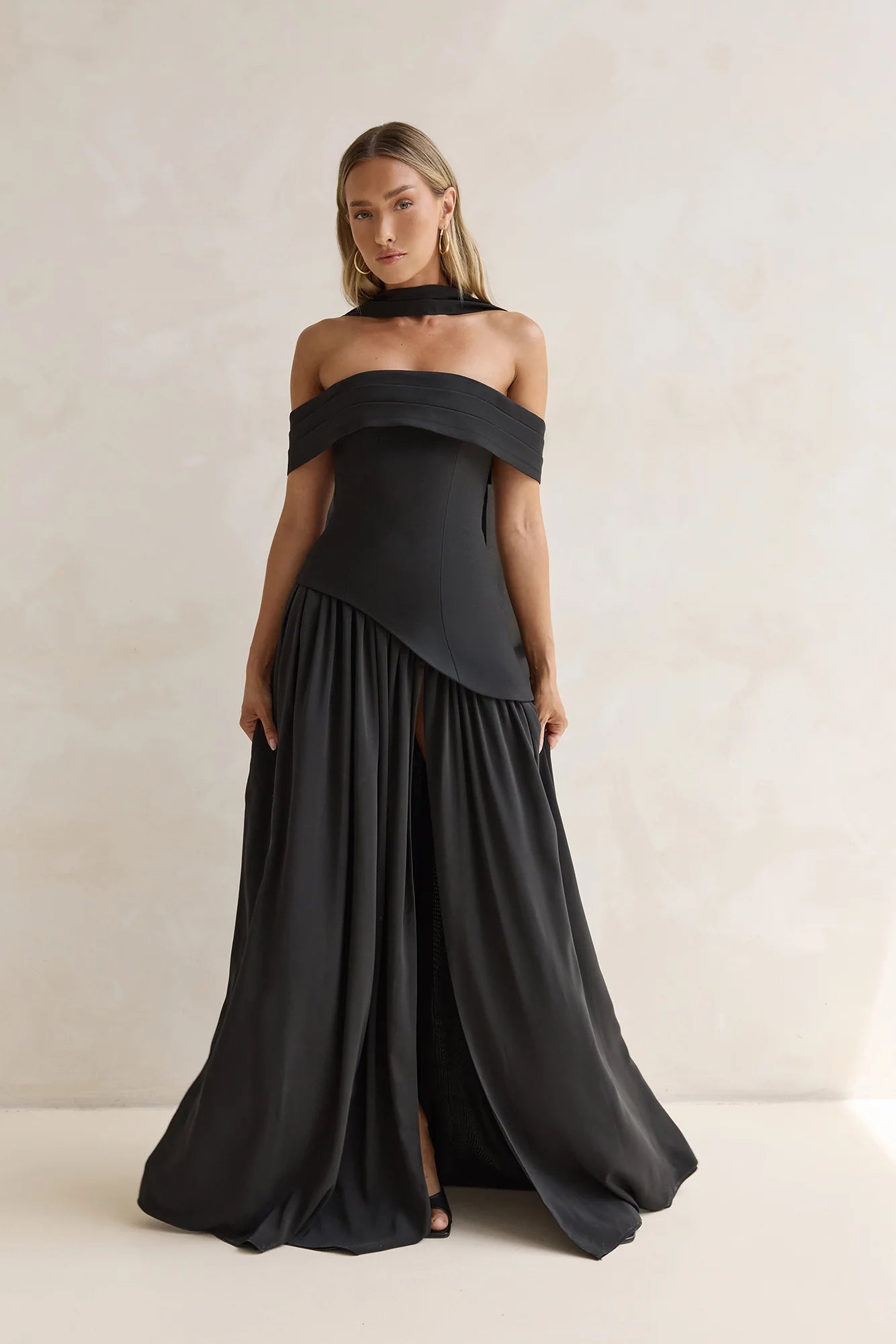 Midnight Elegance Off Shoulder Maxi Dress Black