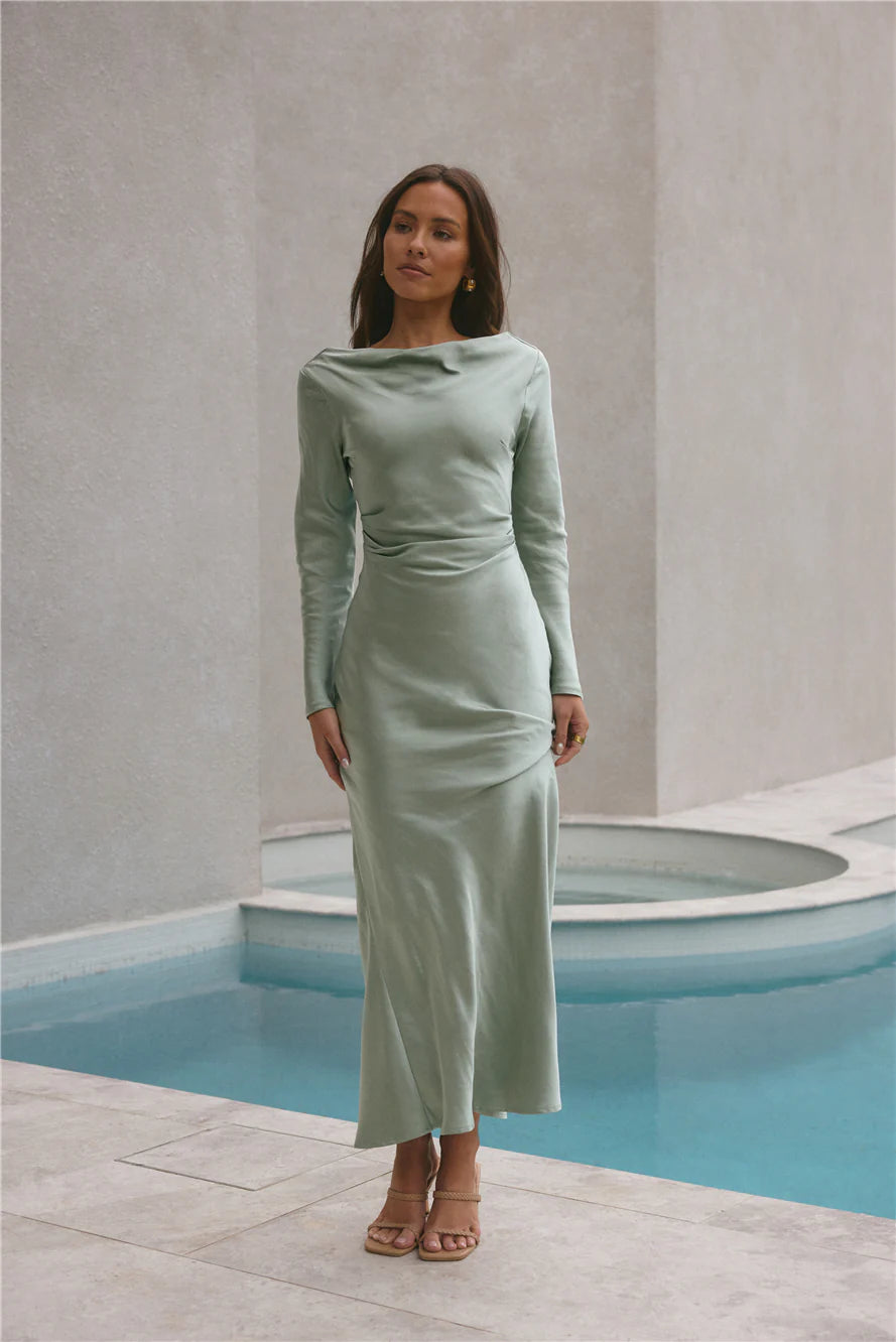 Forget Me Not Satin Maxi Dress Sage