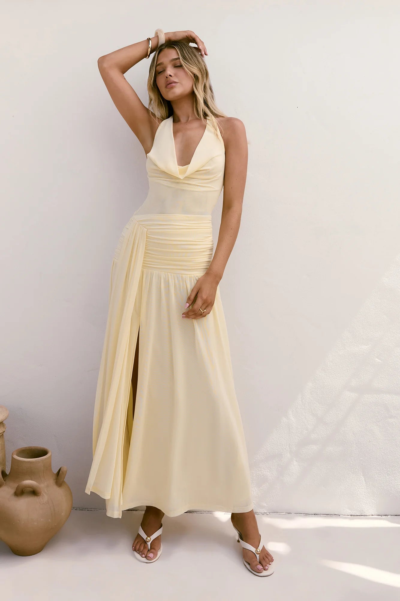 Dancing Skies Mesh Halter Maxi Dress Yellow