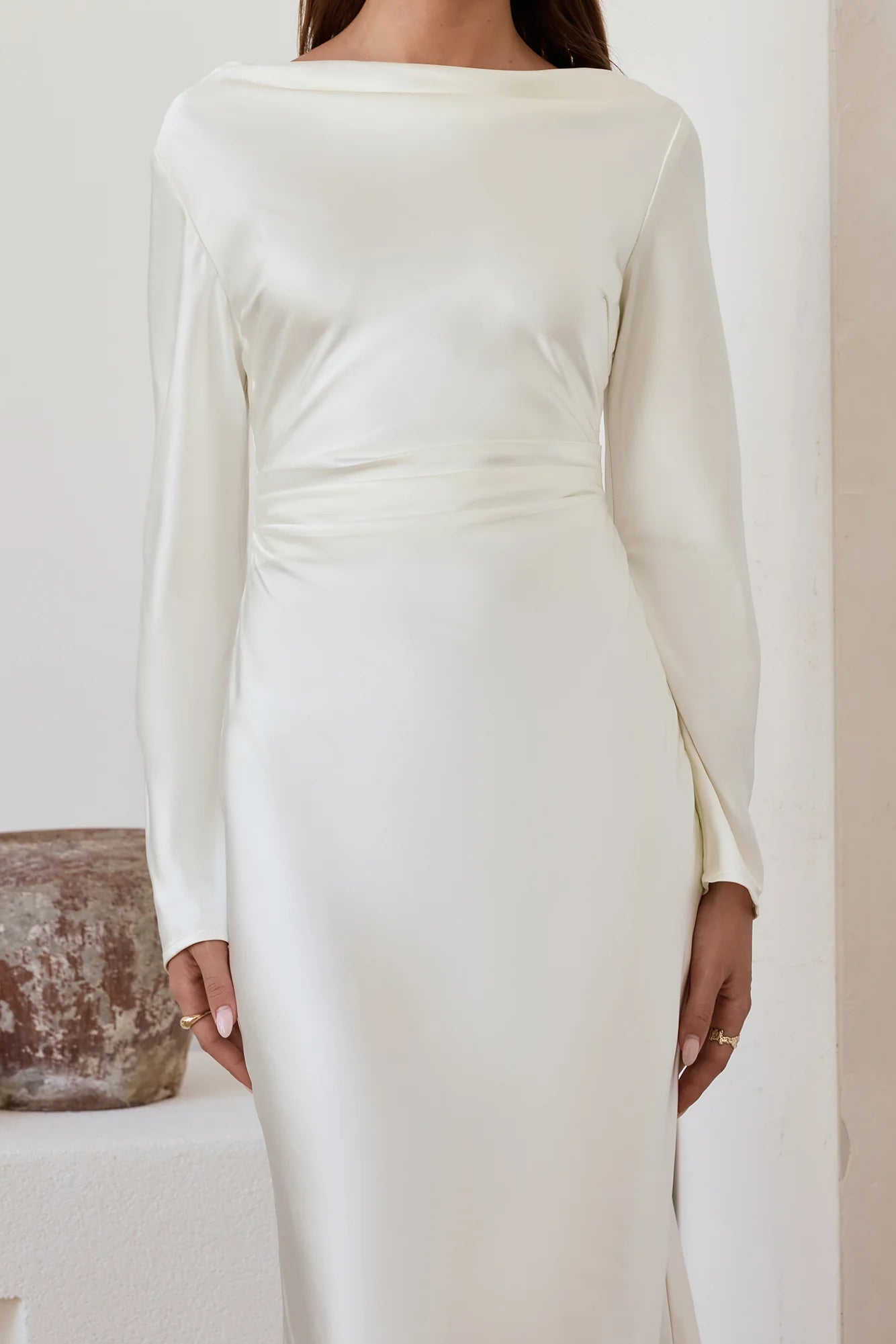 Cross The Skies Satin Long Sleeve Maxi Dress White