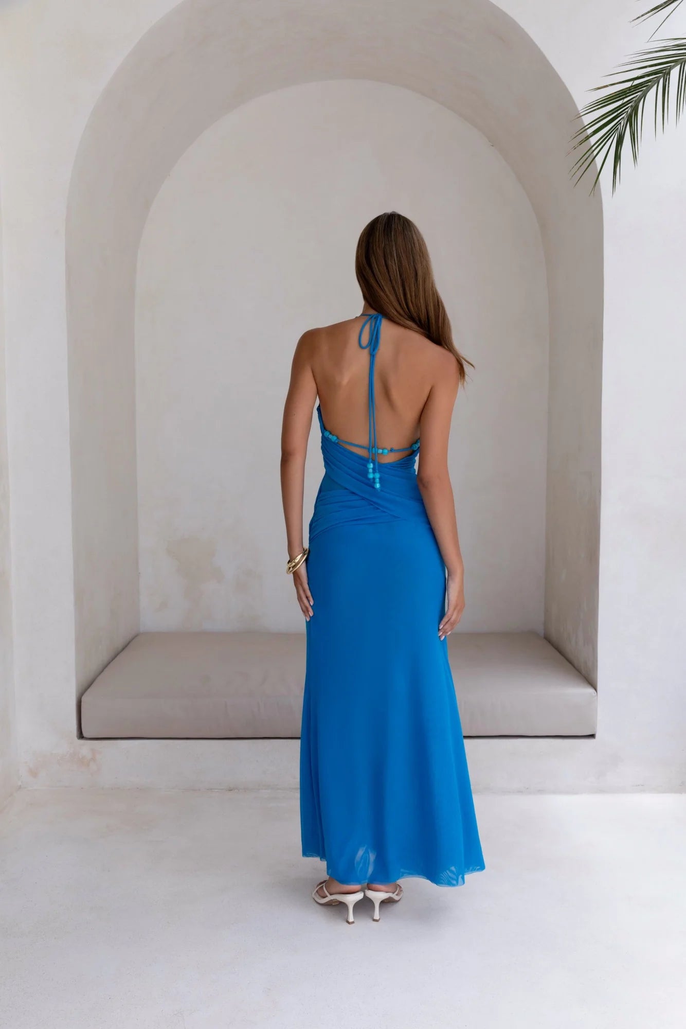 Kiss And Tell Mesh Halter Maxi Dress Blue