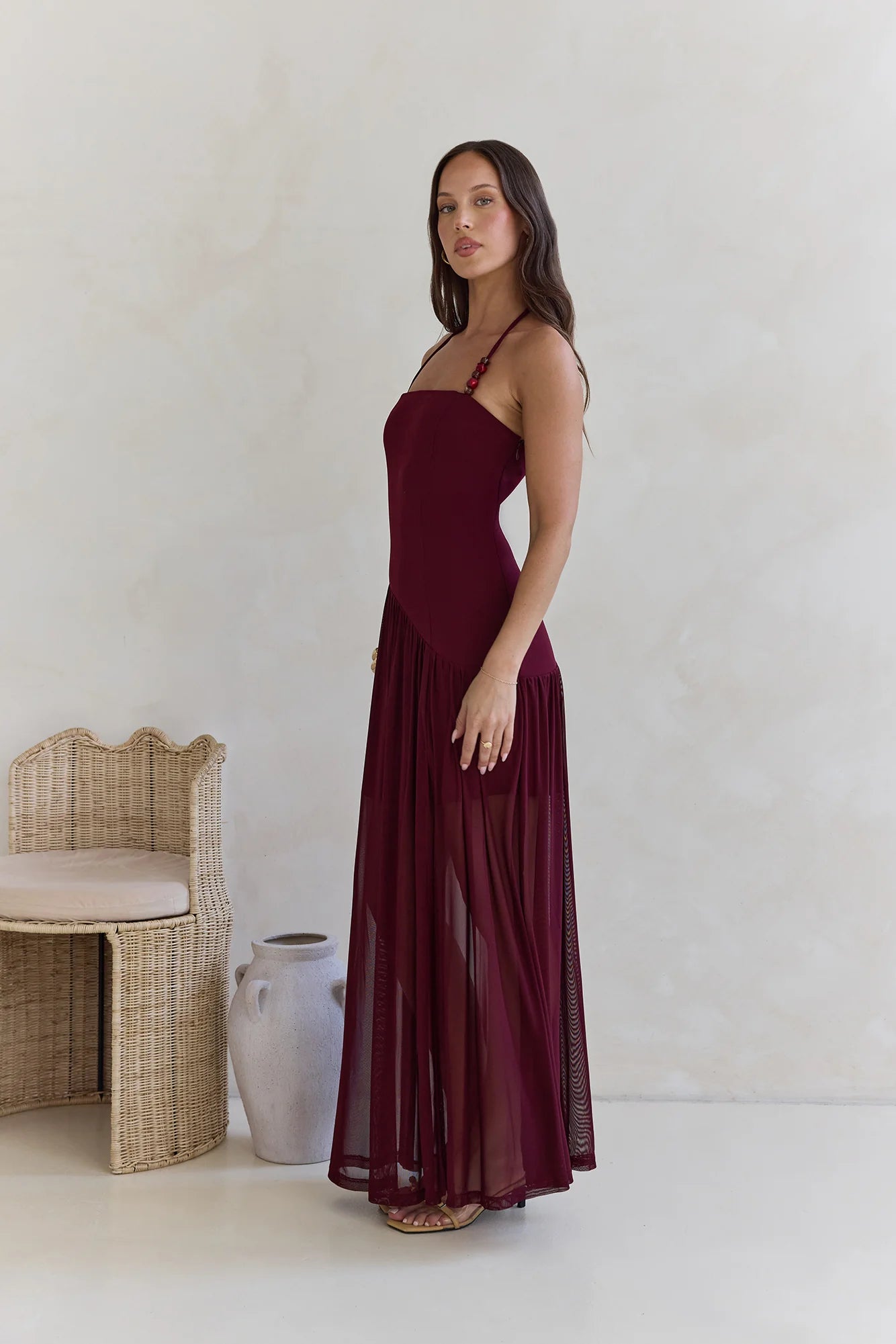 Feel The Light Halter Mesh Maxi Dress Burgundy