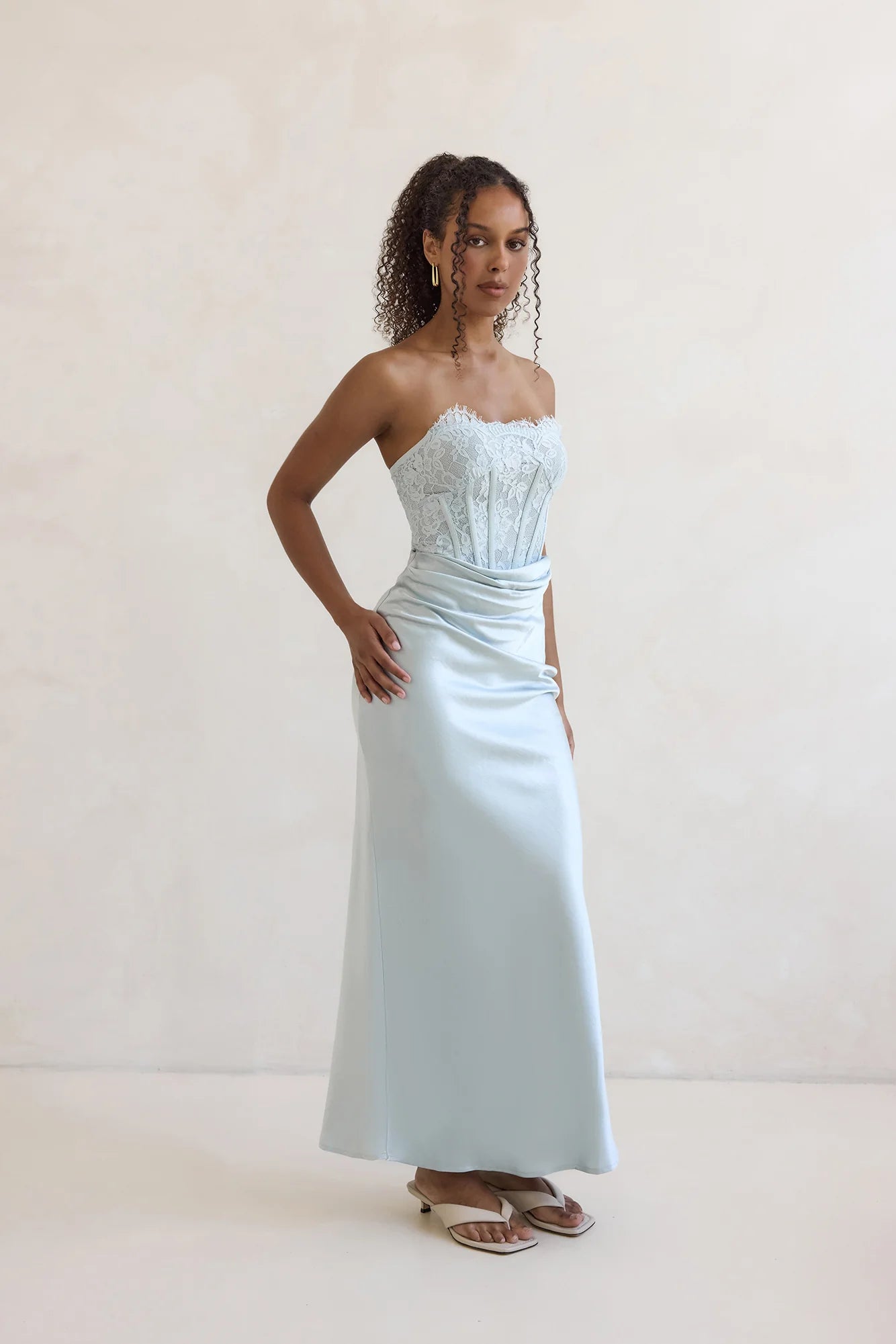 Away With You Satin Lace Strapless Maxi Dress Blue