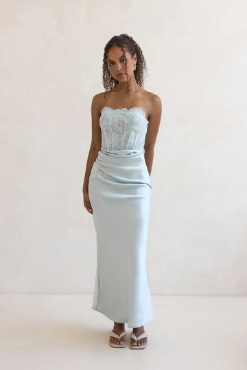 Away With You Satin Lace Strapless Maxi Dress Blue