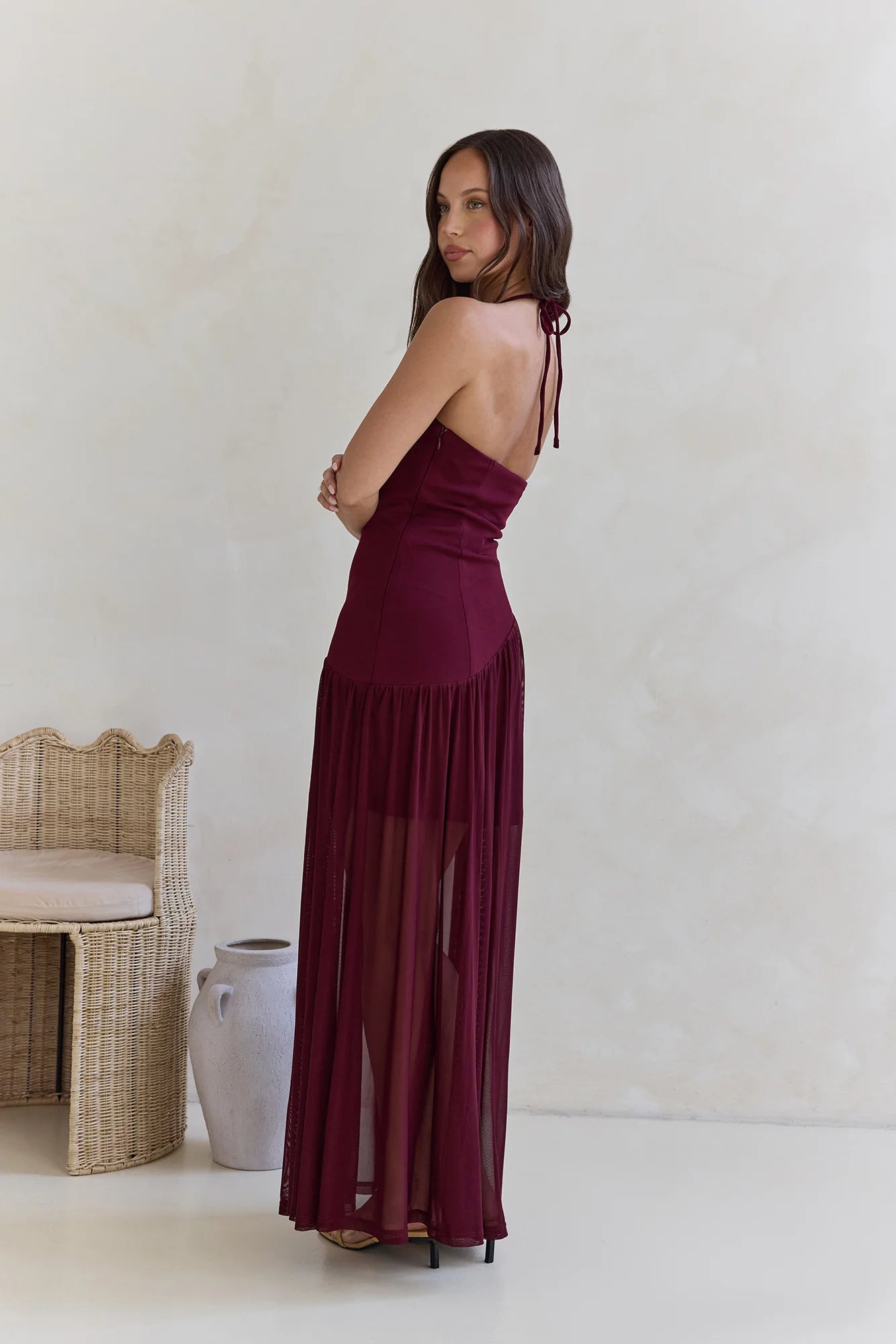 Feel The Light Halter Mesh Maxi Dress Burgundy