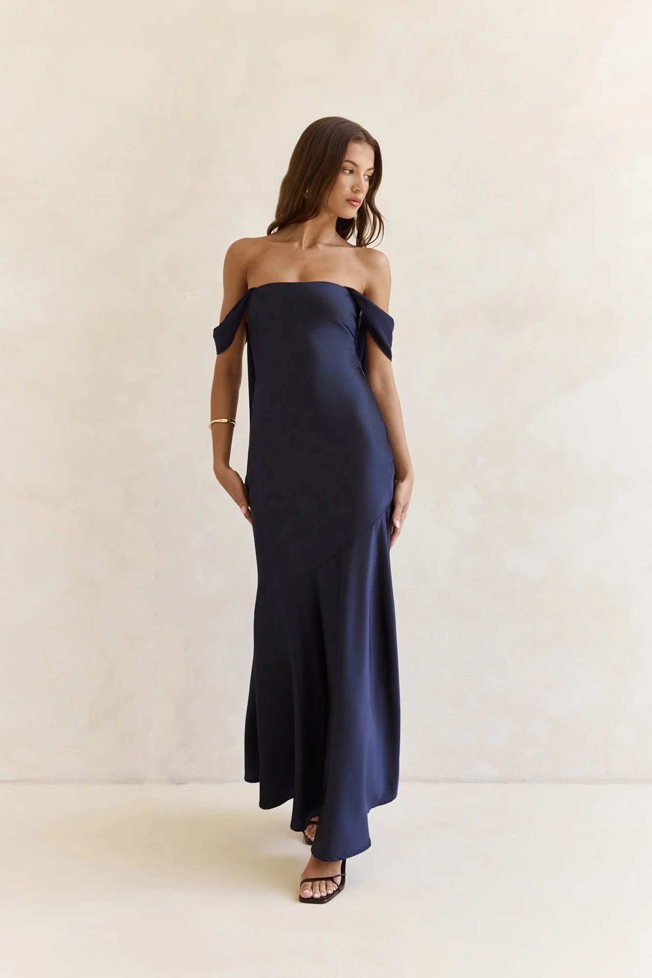 Late Night Dreams Off Shoulder Satin Maxi Dress Navy
