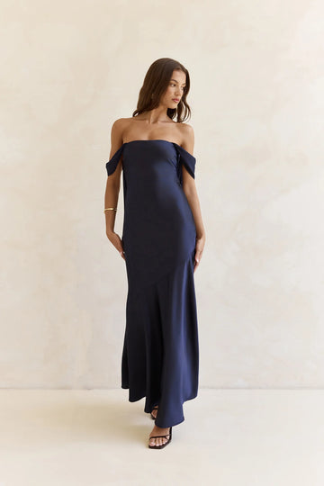 Late Night Dreams Off Shoulder Satin Maxi Dress Navy