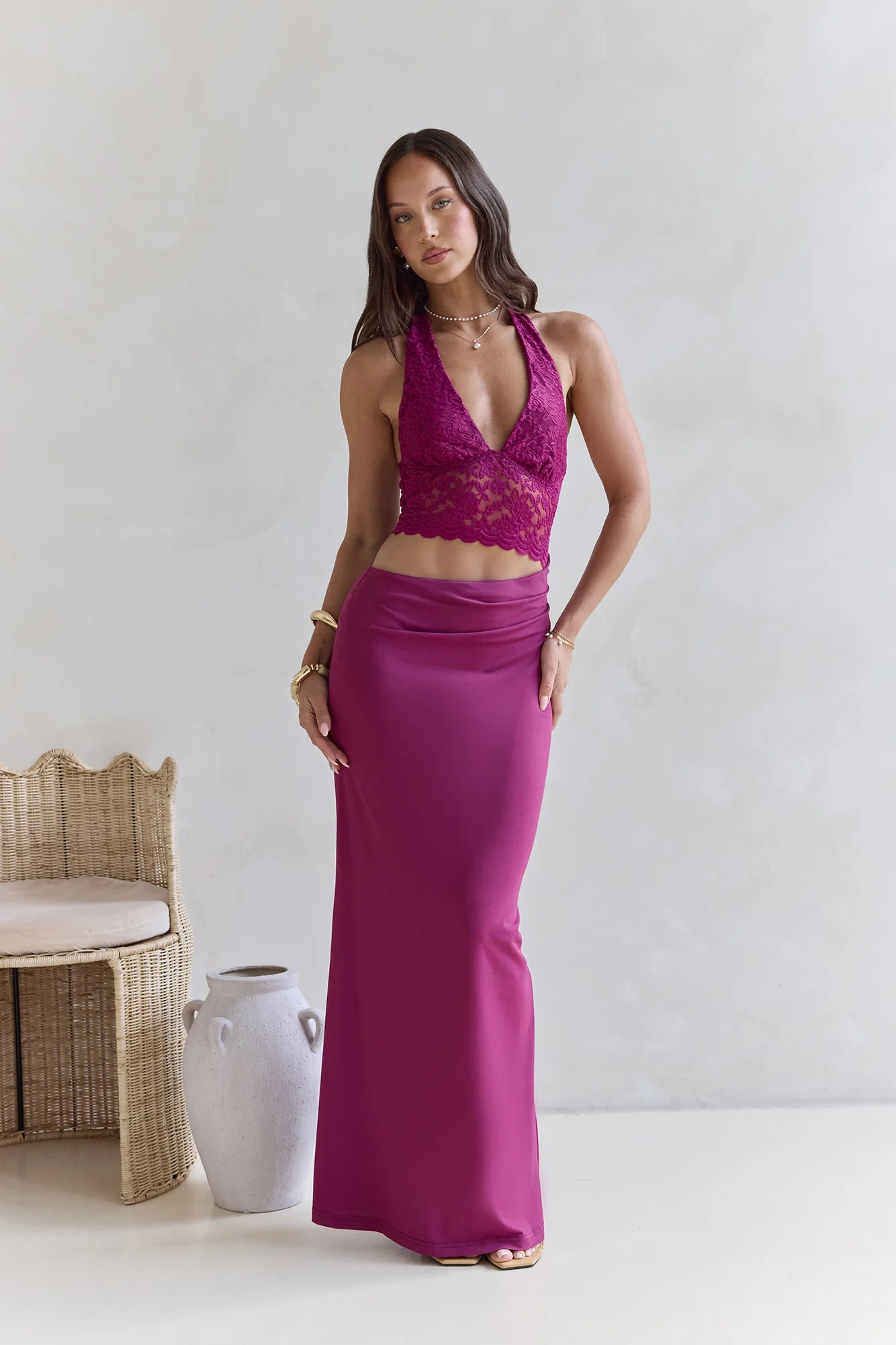 Best Believe Lace Halter Maxi Dress Plum