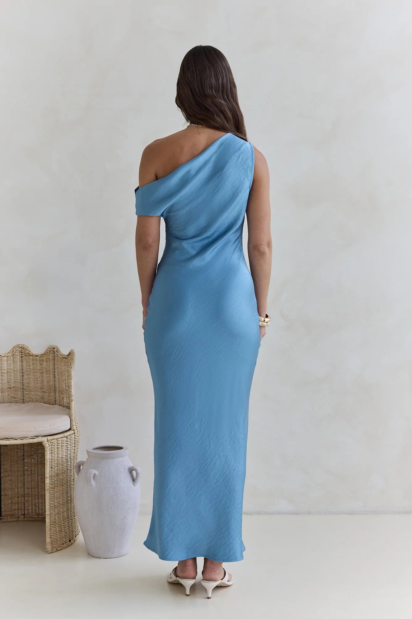 Noir Evenings Off Shoulder Satin Maxi Dress Blue