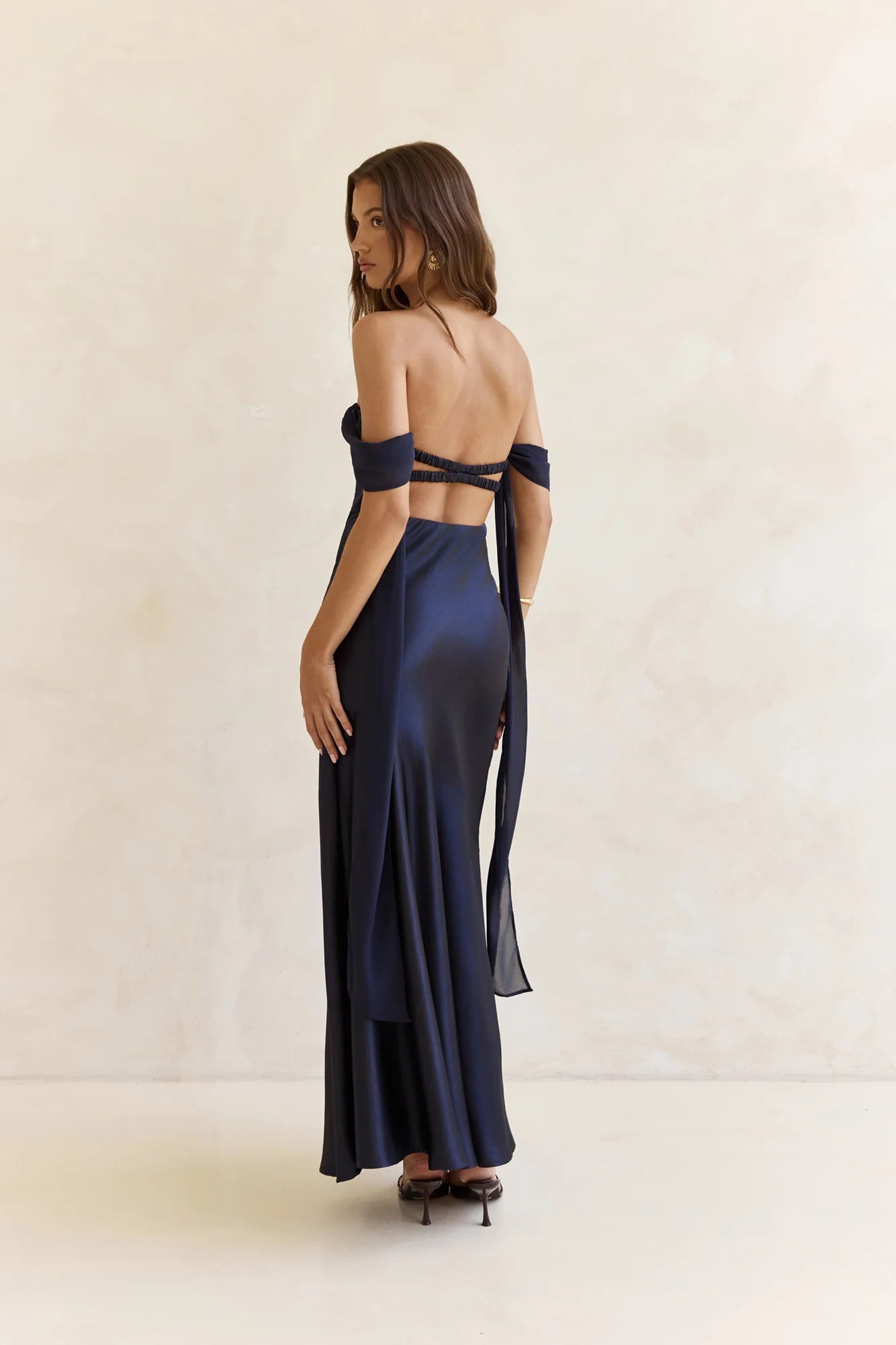 Late Night Dreams Off Shoulder Satin Maxi Dress Navy