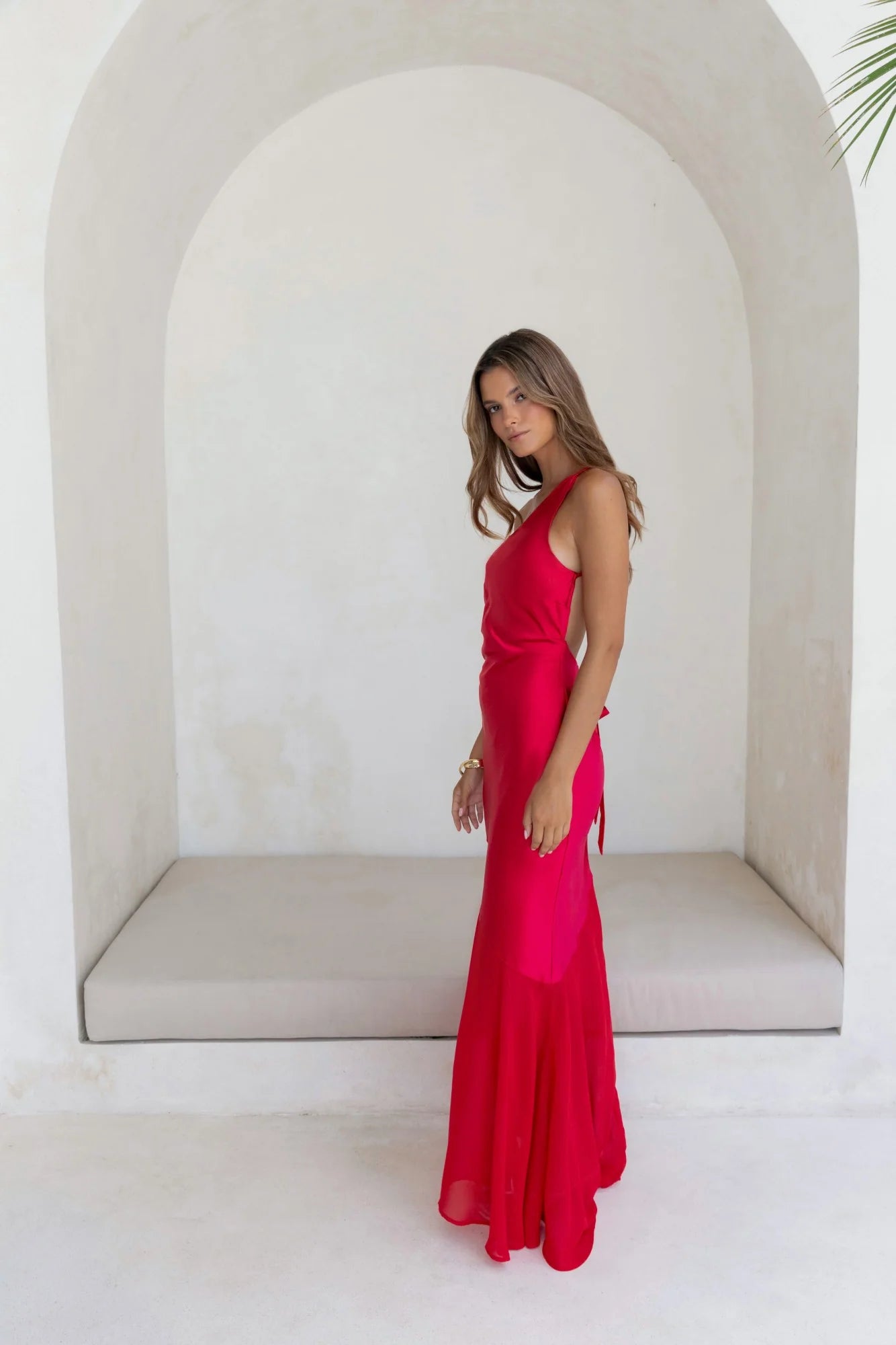 Chase The Thrill One Shoulder Satin Maxi Dress Red